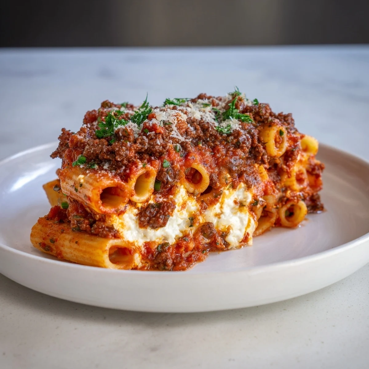 Golden-brown Baked Ziti with bubbling cheese and a rich, meaty tomato sauce, ready to serve.