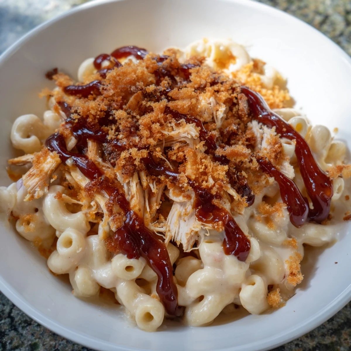 Creamy Classic Mac & Cheese with BBQ Chicken: a bubbling casserole of cheesy goodness and tender chicken.