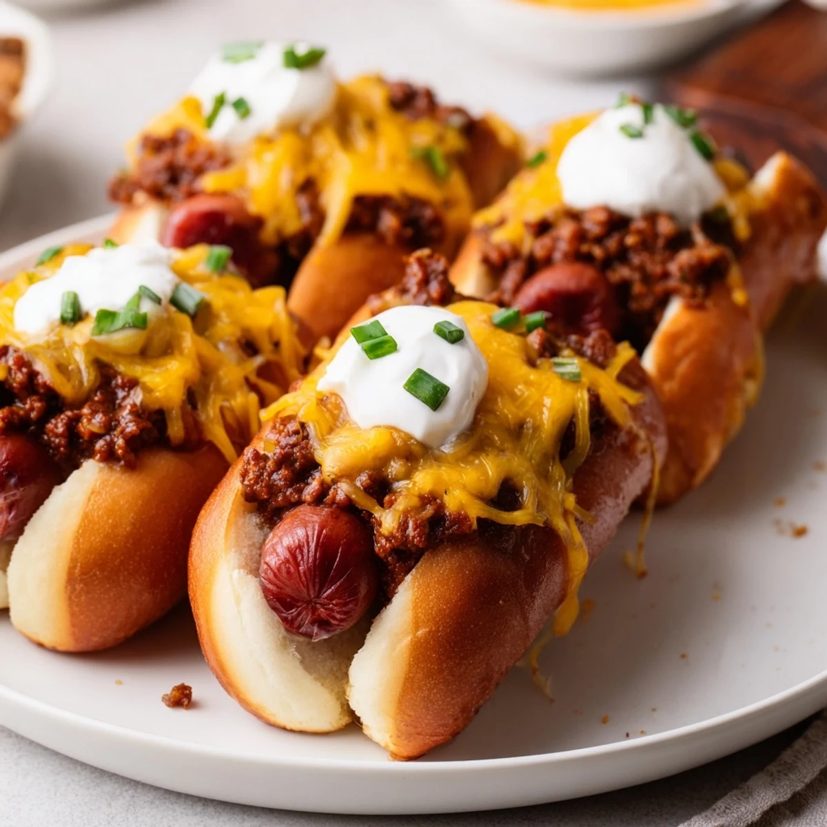 Close-up of a warm Chili Dog Casserole, showing melted cheese and savory chili filling, ready to serve.