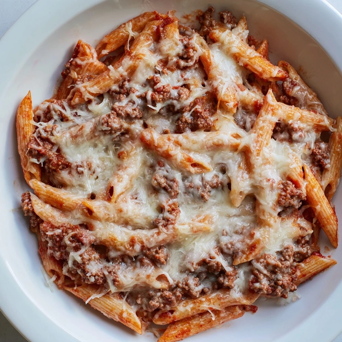 Golden-brown, bubbly Cheesy Beef & Penne Bake with a flavorful meat sauce, perfect for a hearty meal.