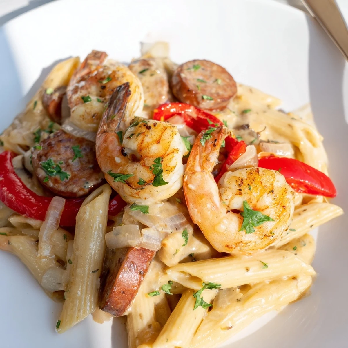 Cajun Sausage & Shrimp Alfredo Pasta Skillet sizzling in a skillet, showcasing shrimp and sausage with creamy sauce.