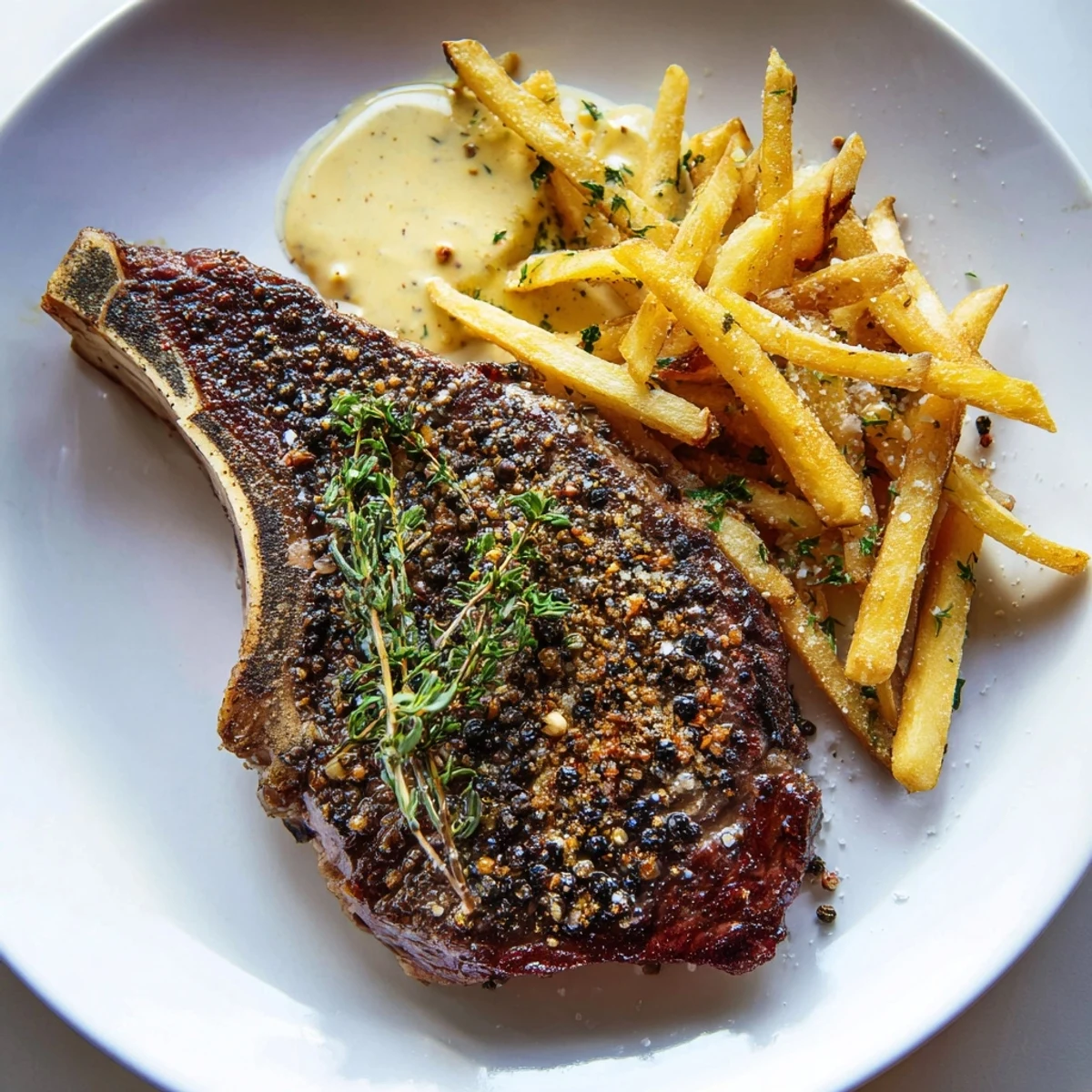 Juicy classic peppercorn ribeye, seared to perfection, alongside a pile of golden crispy fries.
