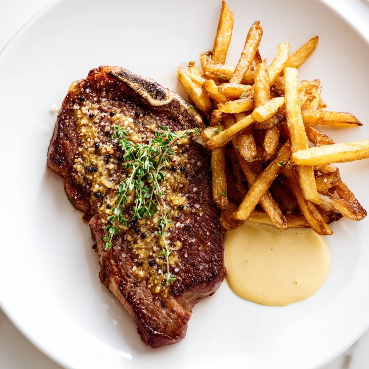 Imagine the aroma: a delightful classic peppercorn ribeye served with salty, crispy, golden fries.