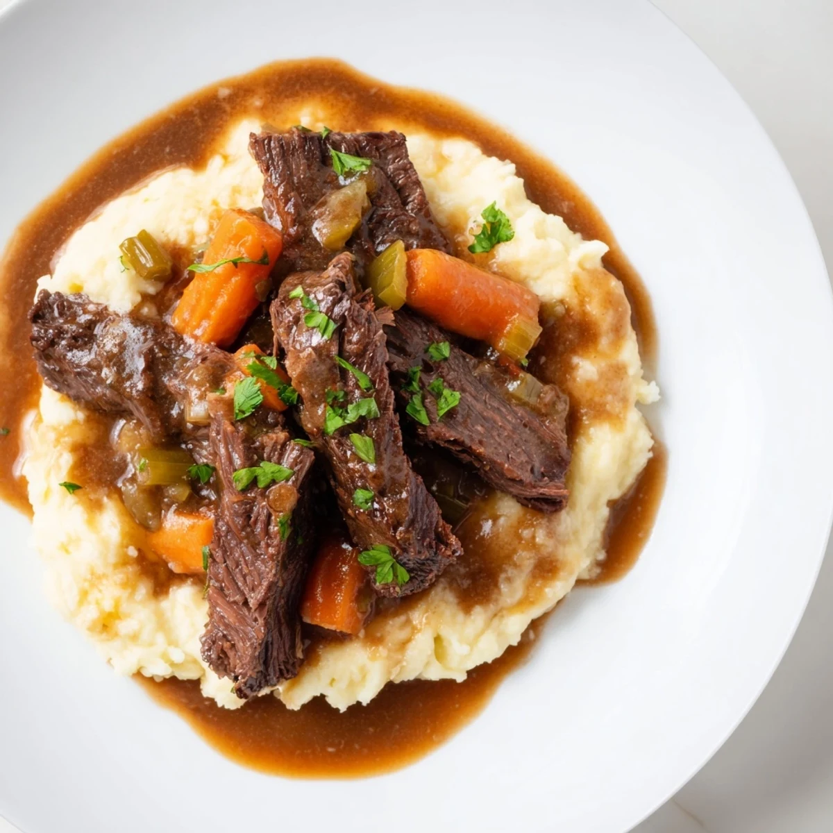 Hearty American dinner: comforting Slow Cooker Pot Roast served generously with smooth mashed potatoes.