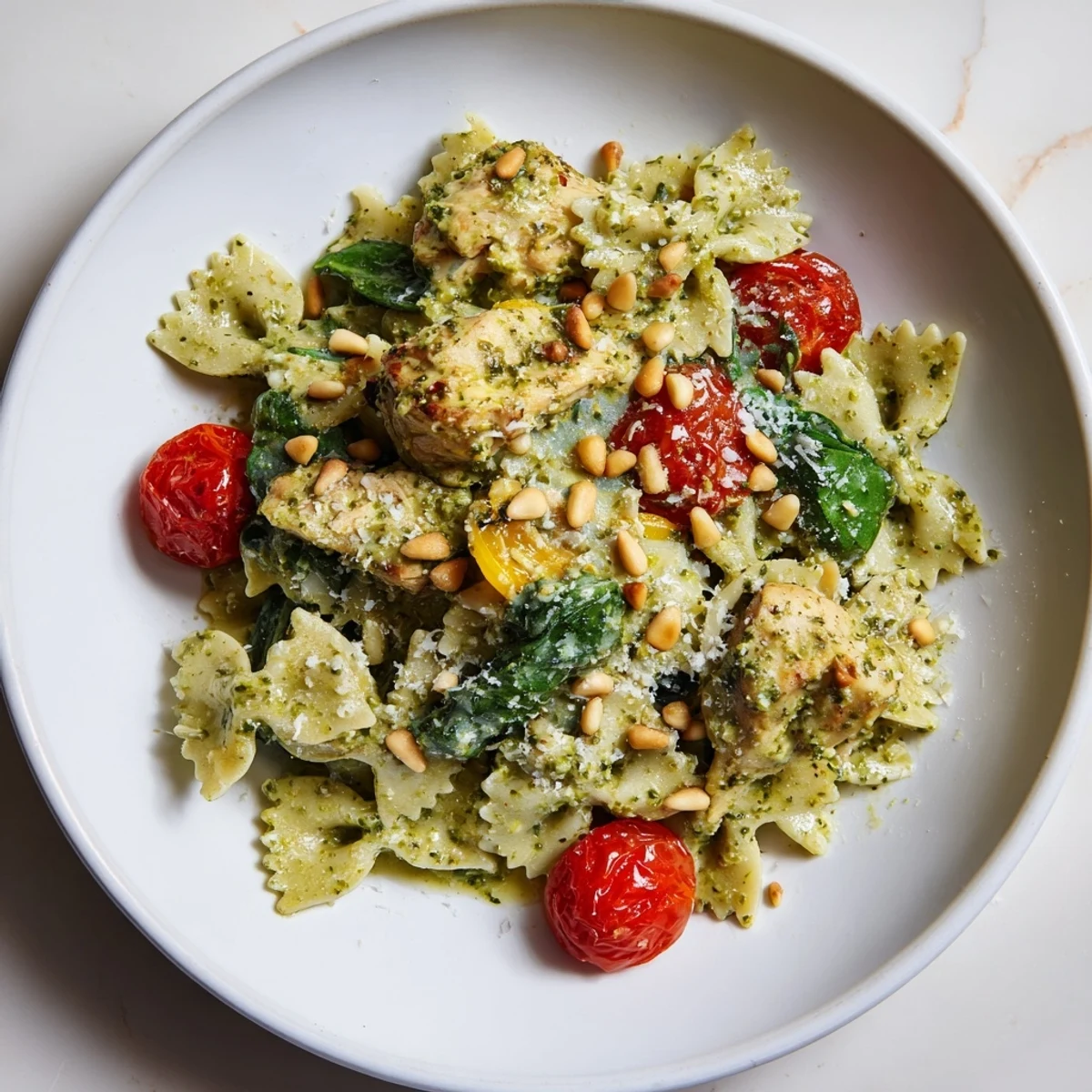Creamy pesto chicken bowtie pasta with vibrant tomatoes, perfect for a fast weeknight meal.