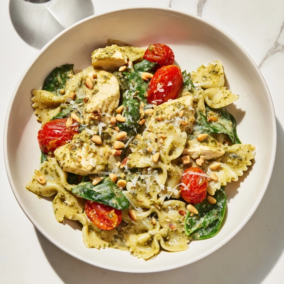 A beautiful bowl of pesto chicken bowtie pasta, garnished with toasted pine nuts and fresh basil.