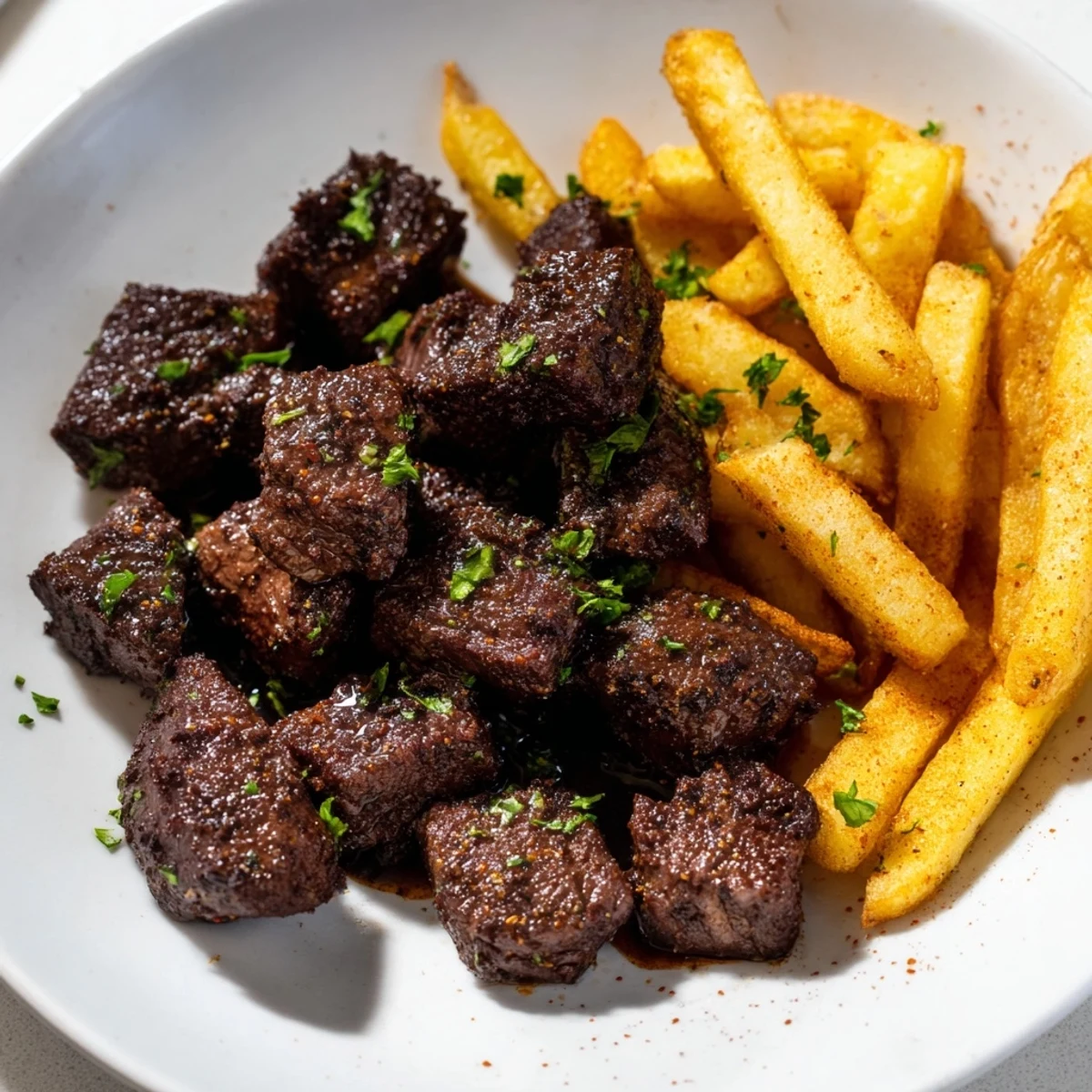 Delicious Blackened Cajun Steak Bites with perfectly seared edges alongside golden, crispy fries for dinner.
