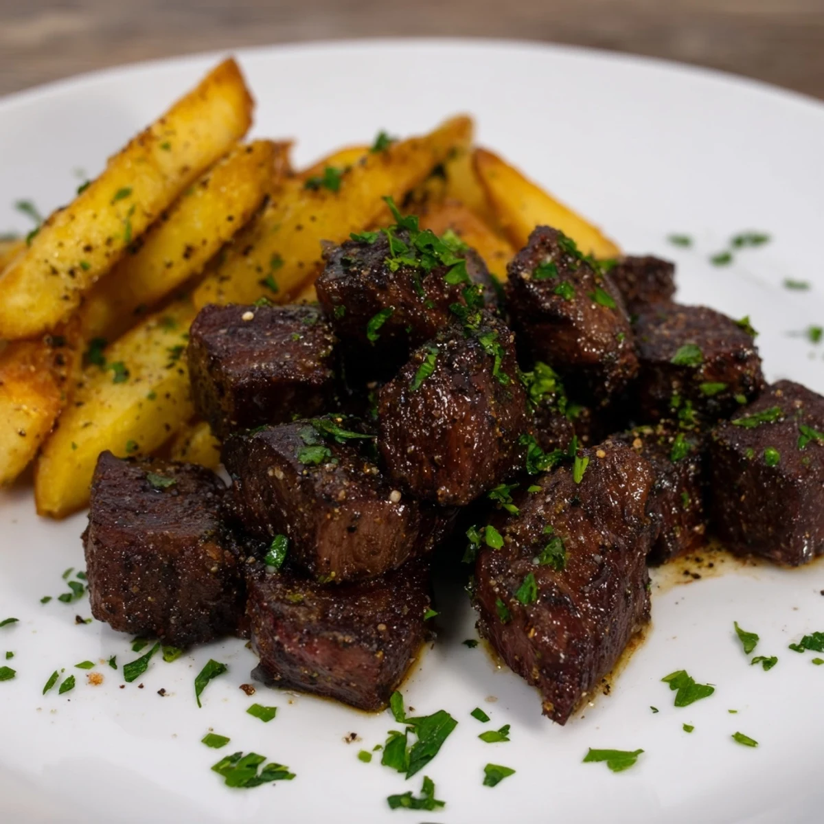 Tender Blackened Cajun Steak Bites, coated in spice, served with a generous portion of crispy, oven-baked fries.