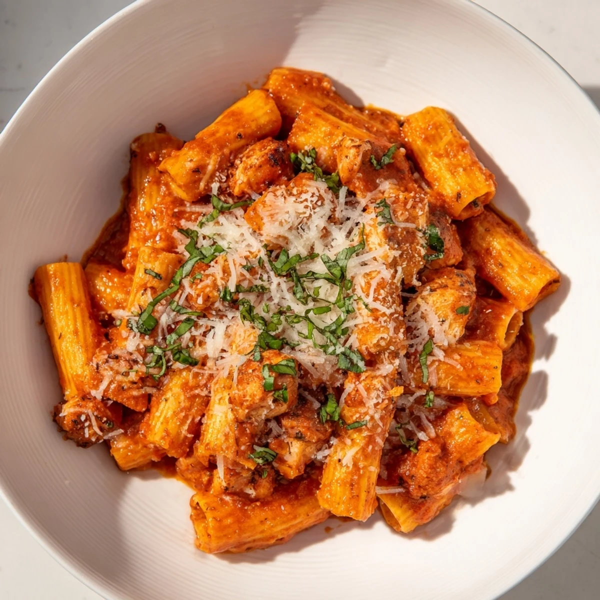 Golden, bubbly top of Baked Chicken Parmesan Pasta promises a delicious, cheesy dinner tonight.