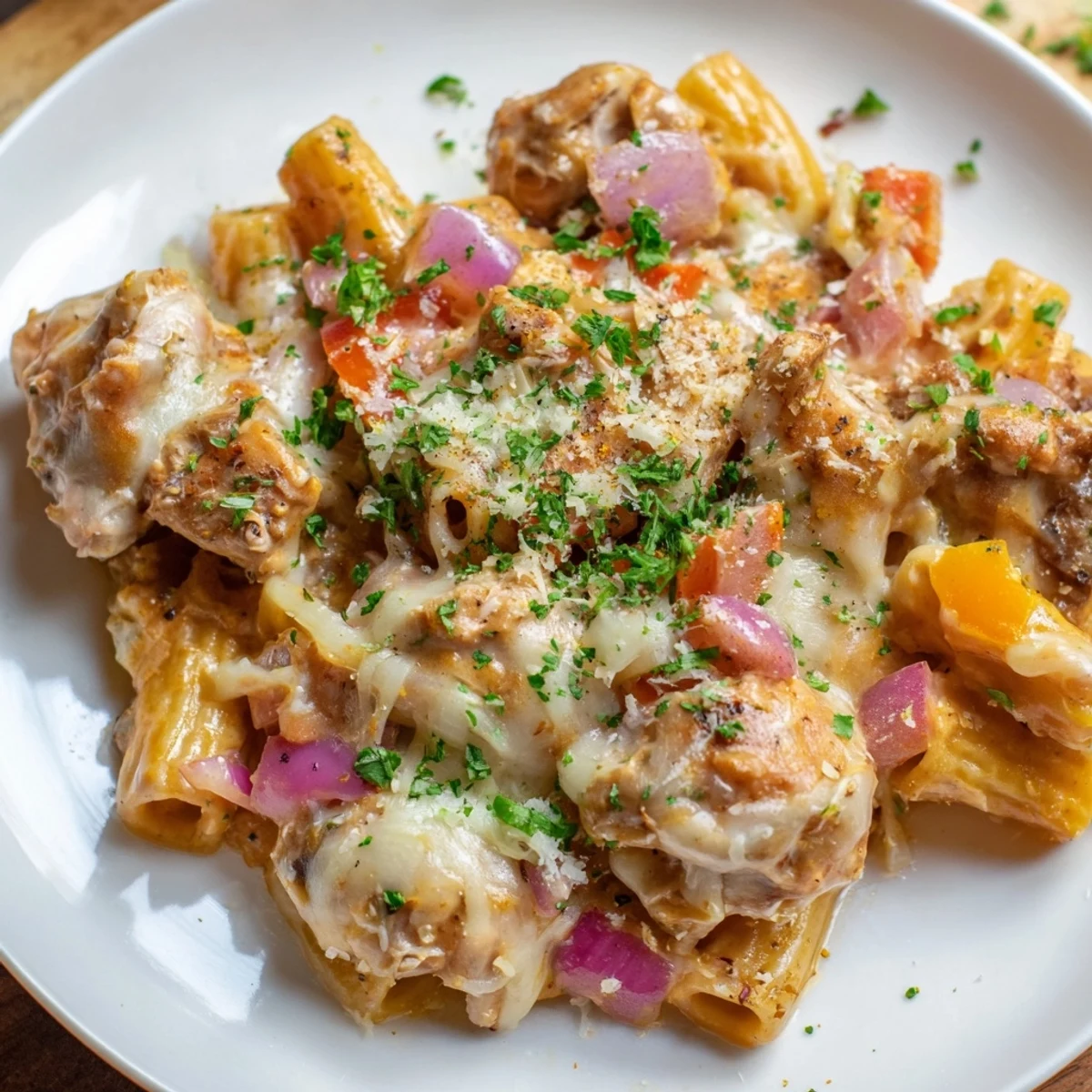 Golden, bubbly Cajun Chicken Pasta Bake fresh out of the oven, with a rich cheesy topping.