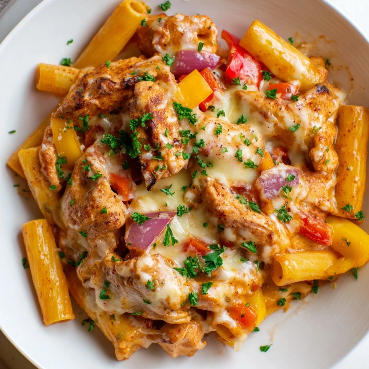 A steaming plate of creamy Cajun Chicken Pasta Bake, featuring tender chicken and colorful bell peppers.