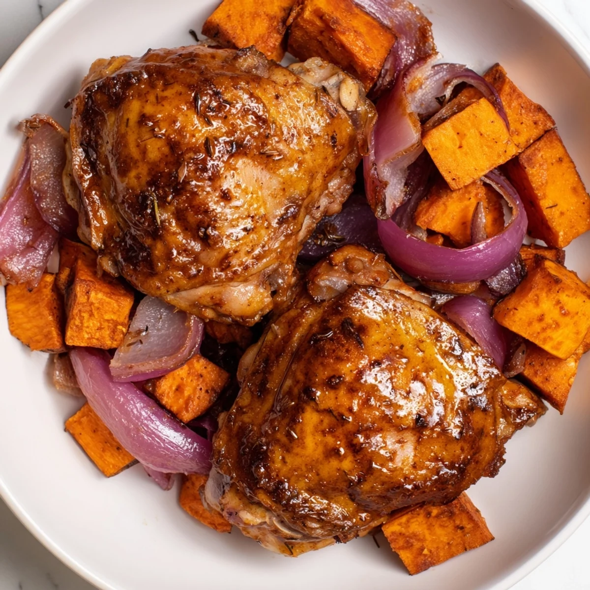 Golden-brown Maple Glazed Chicken & Sweet Potato Bake with tender vegetables and a glistening finish.