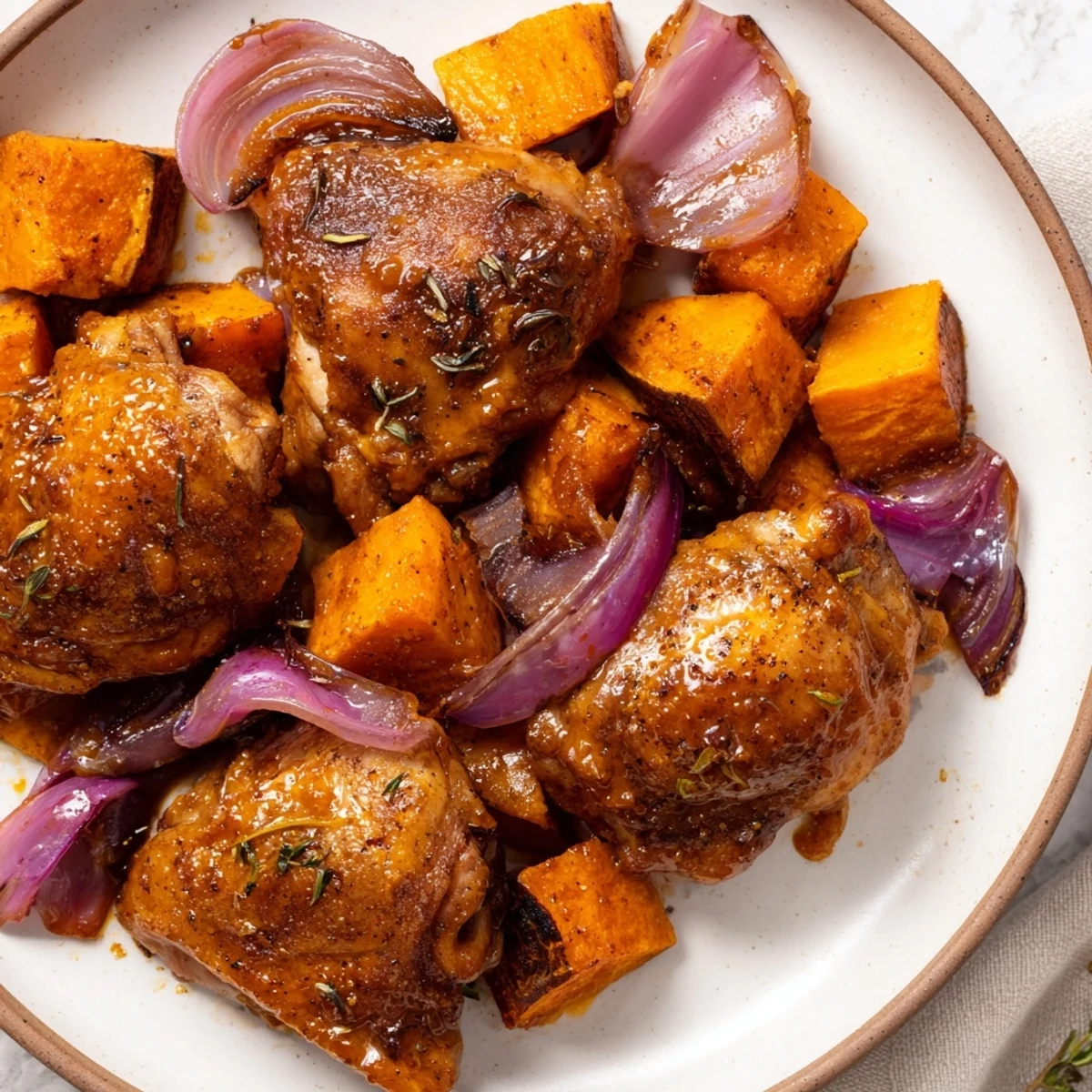 Close-up of bubbling Maple Glazed Chicken & Sweet Potato Bake, showcasing the glaze's rich color and texture.