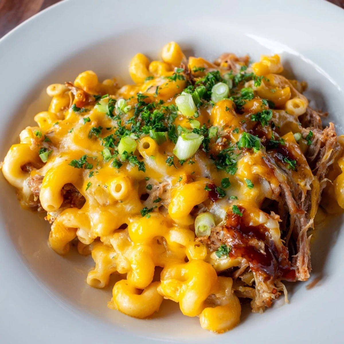 BBQ Rib Macaroni Skillet bubbling hot, cheese melted, inviting aromas of barbecue, and savory ingredients.