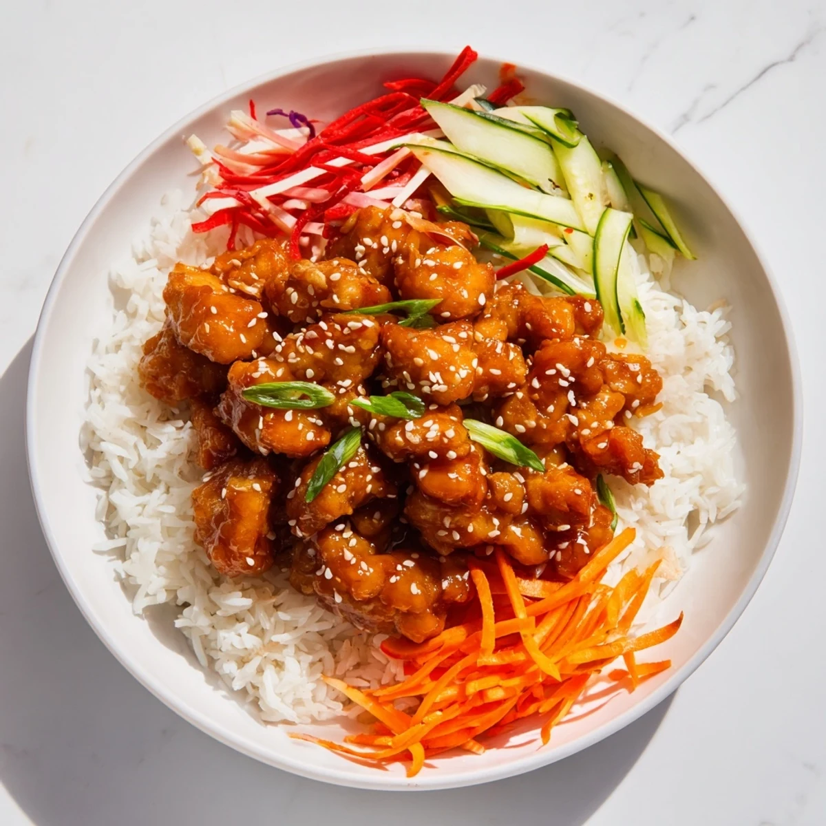 Close-up of a flavorful Sriracha Honey Chicken Rice Bowl, perfectly highlighting the tender chicken and fresh garnishes.