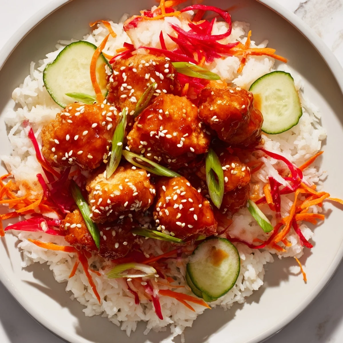 Juicy Sriracha Honey Chicken Rice Bowl, glistening in a sweet and spicy glaze with colorful veggies.