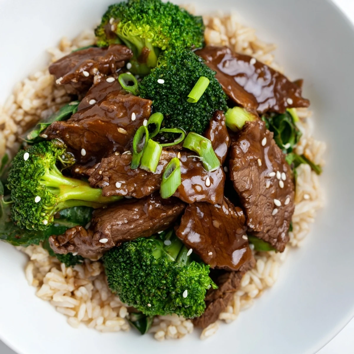 Fluffy brown rice, topped with savory Slow-Cooker Beef & Broccoli: a complete and balanced dinner.