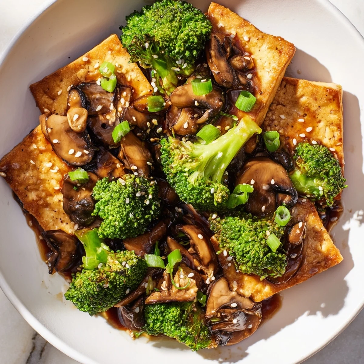 Golden-brown sautéed tofu steak, broccoli, and mushrooms glistening in a rich, savory sauce.