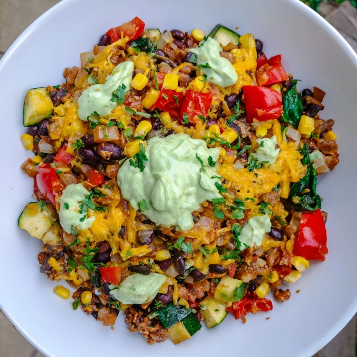 Vibrant Veggie-Packed Taco Skillet with Avocado Yogurt topped with creamy, cool avocado sauce.