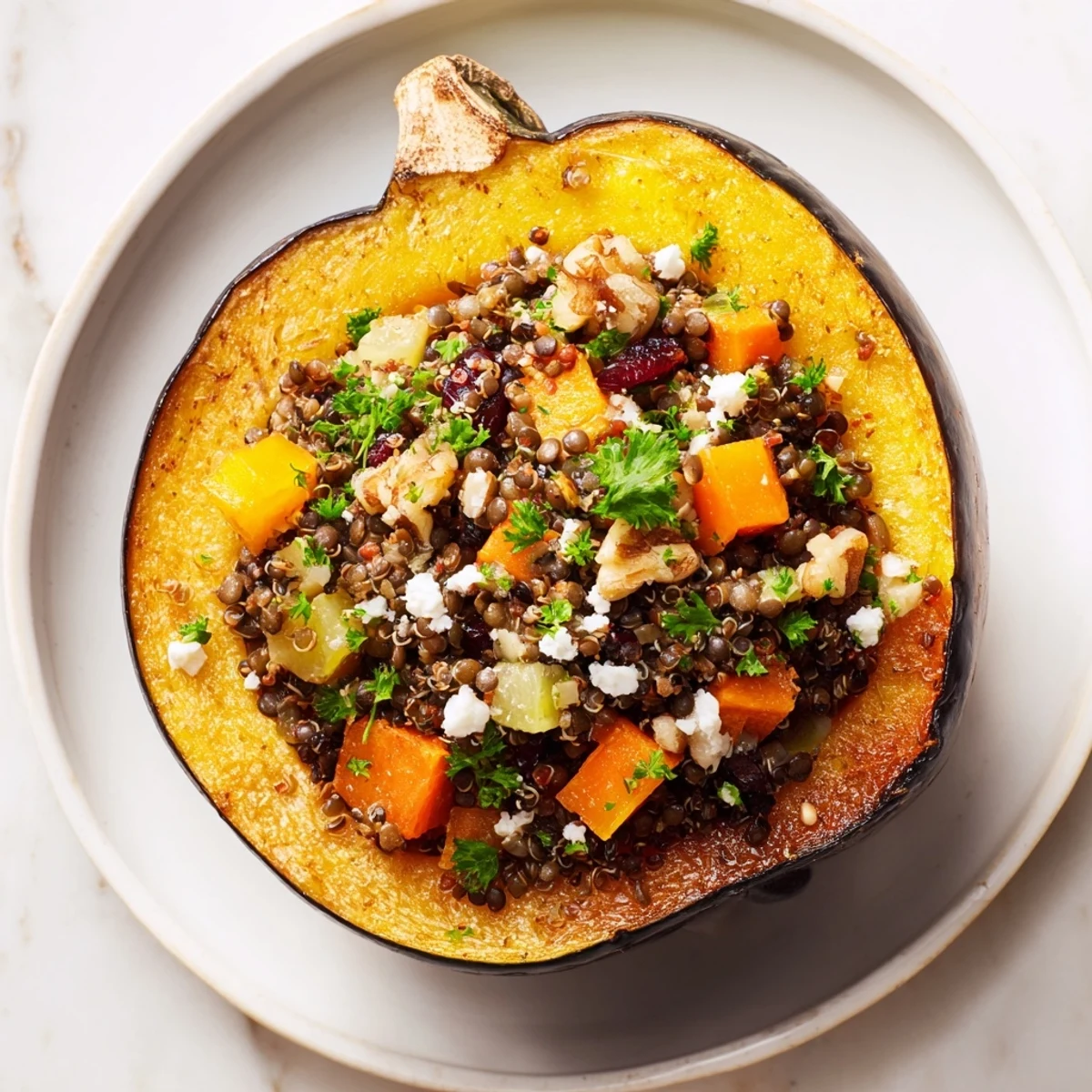Golden, baked Lentil & Walnut Stuffed Acorn Squash, with a savory filling overflowing from the squash.