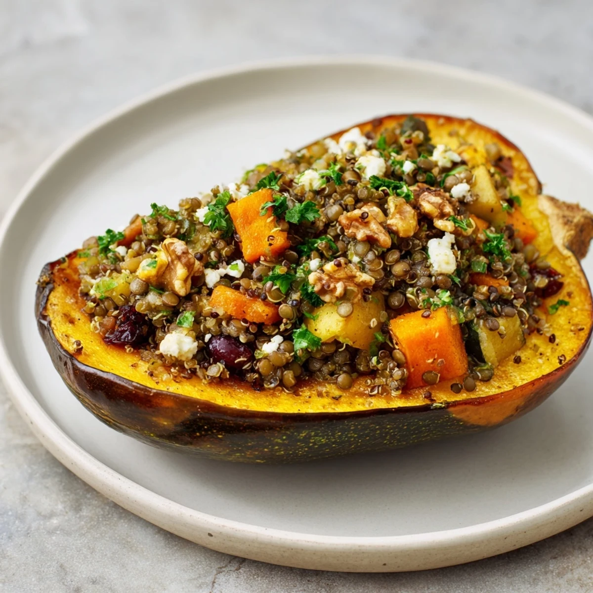 Warm, hearty Lentil & Walnut Stuffed Acorn Squash, showcasing colorful filling and tender squash halves.