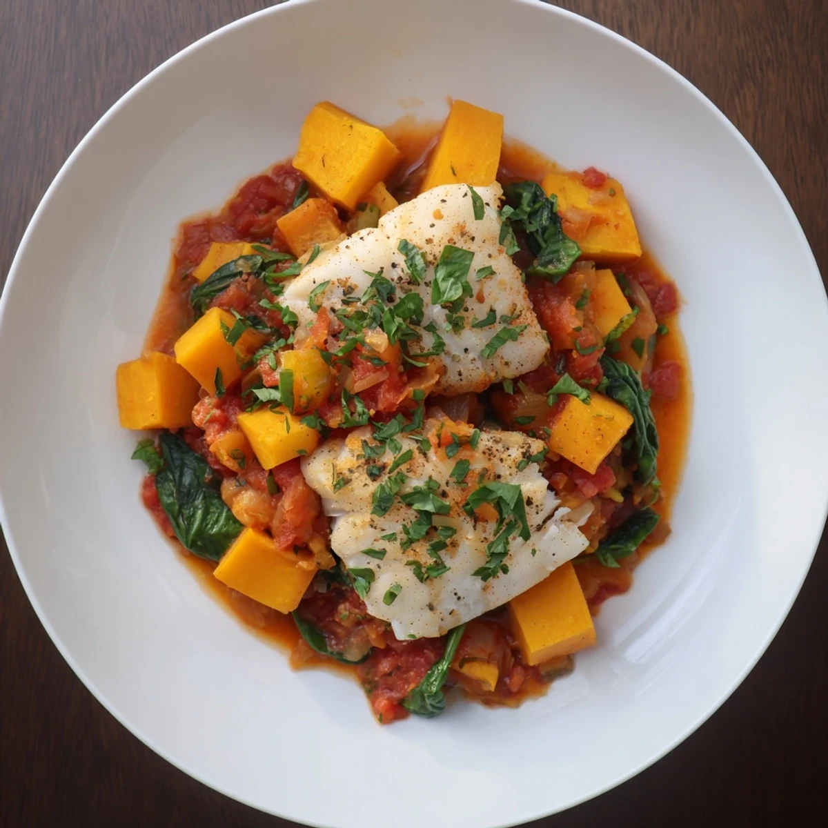 Golden-brown baked cod with butternut squash and spinach, all in a rich tomato-herb sauce.