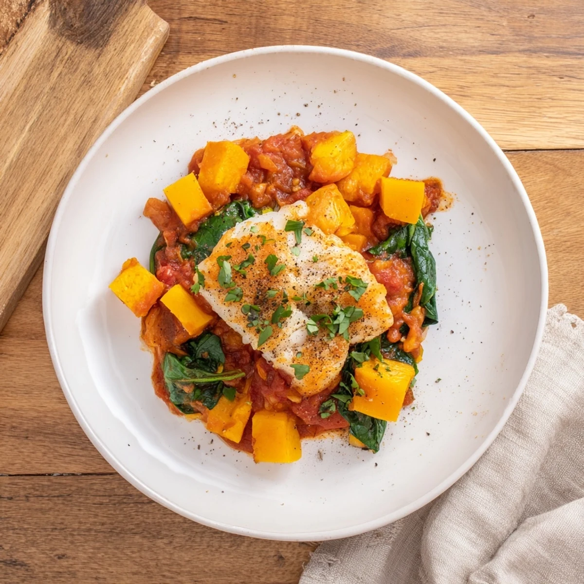 Flaky, tender baked cod nestled with roasted squash and a vibrant tomato sauce in this recipe.