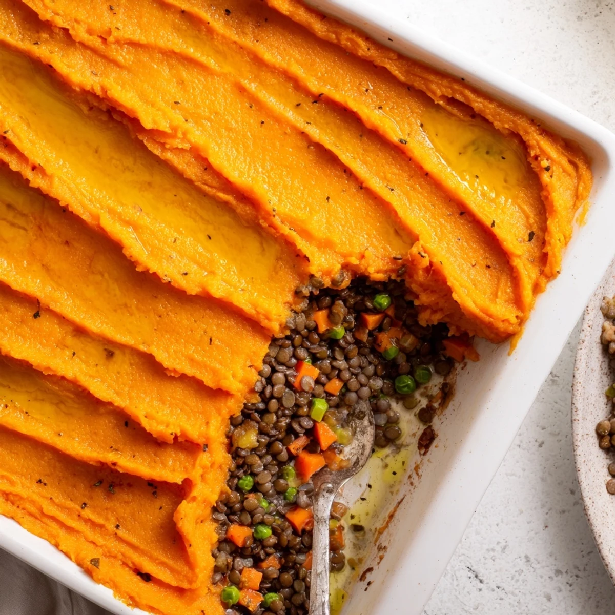 Steaming hot Veggie Shepherd's Pie with lentils and golden sweet potato mash bubbling in the oven.