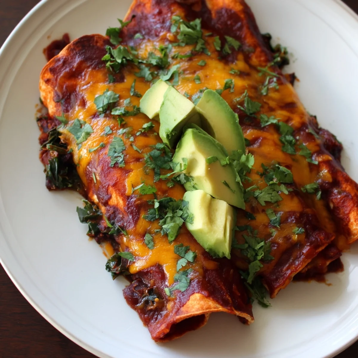 Golden, bubbly One-Pan Sweet Potato, Black Bean & Kale Enchiladas, a flavorful veggie-packed meal.