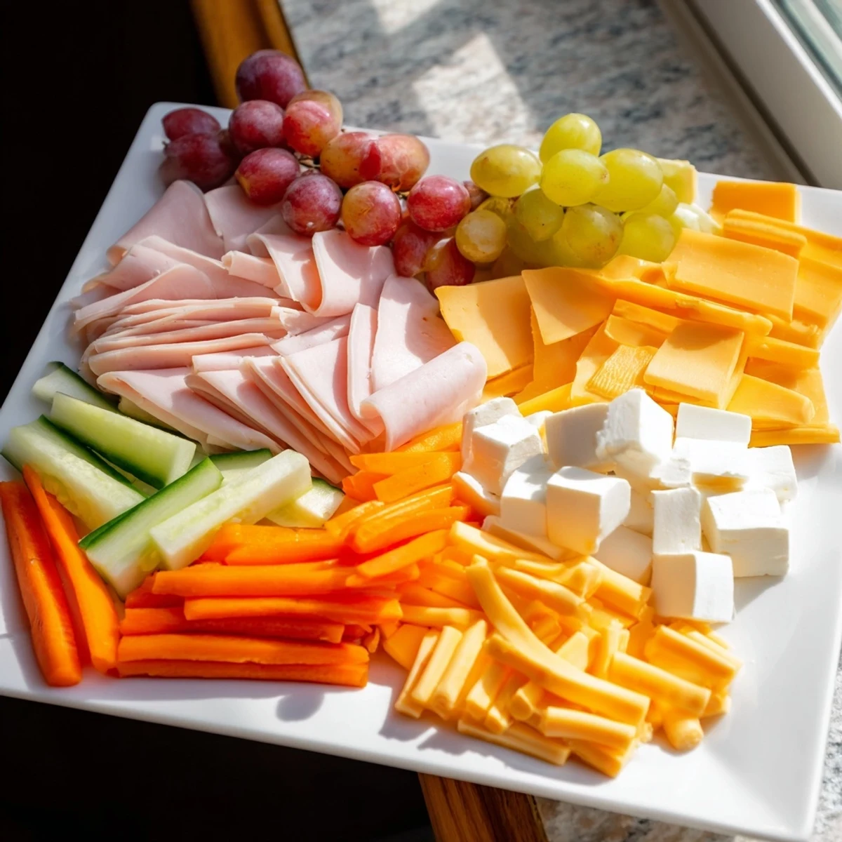 DIY Lunchables tray with sliced turkey, cheese, grapes, ready for a delicious, healthy snack.