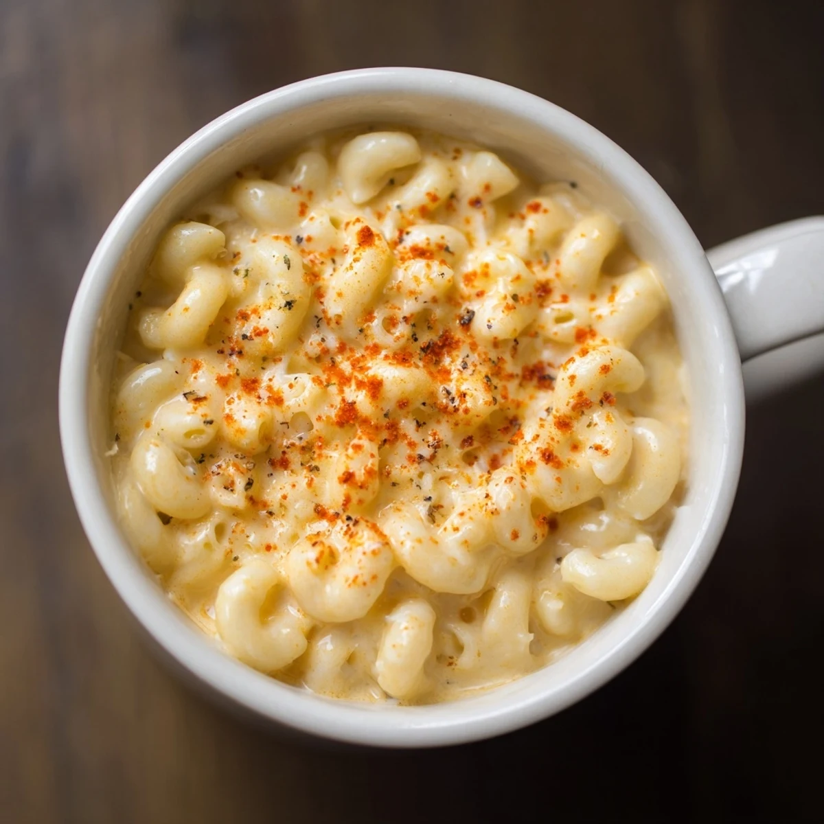Steaming-hot mug mac & cheese, a quick and easy single-serve lunch with melted cheddar topping.