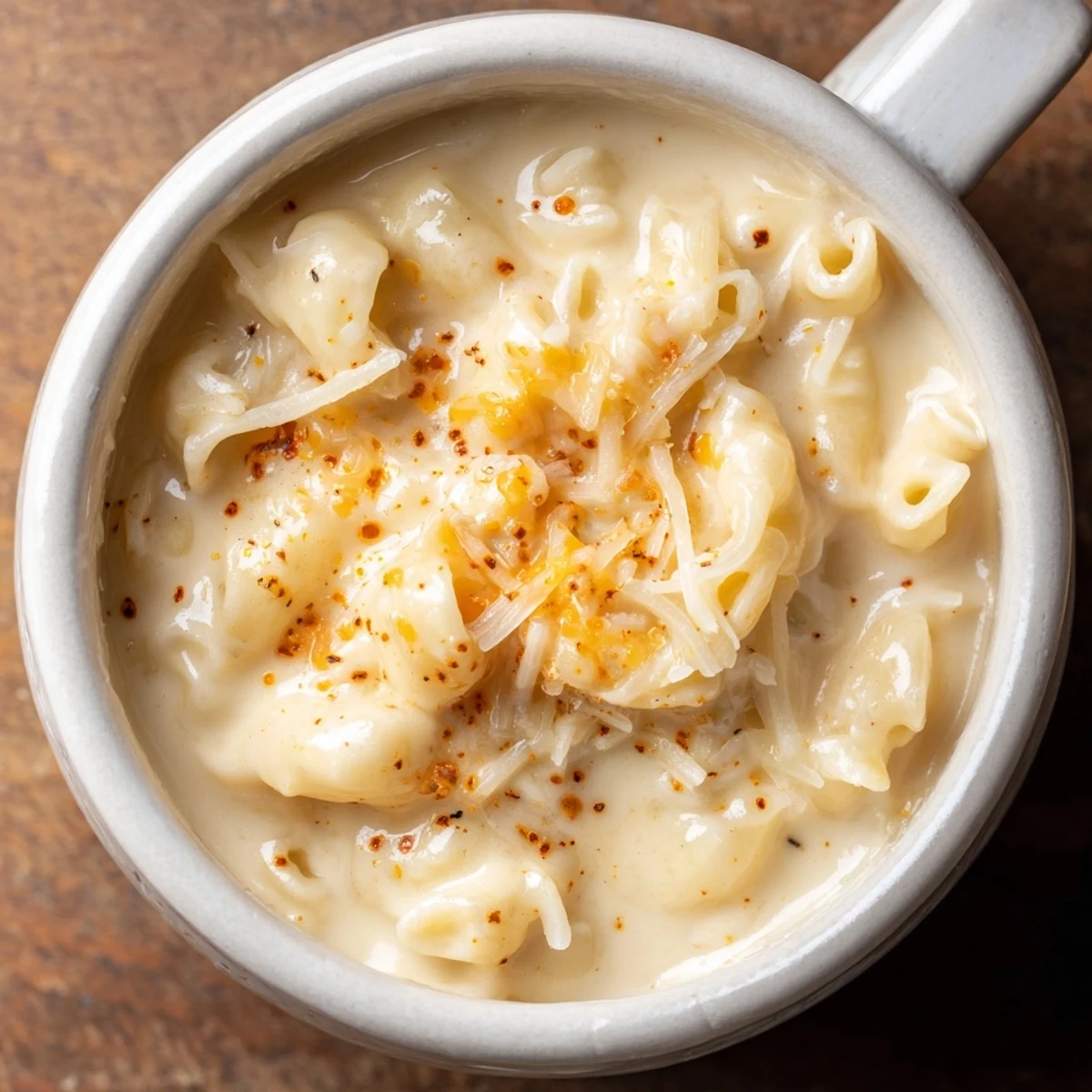 Close-up of a bubbling mug mac & cheese, perfect for a cozy, cheesy, microwave-made meal.