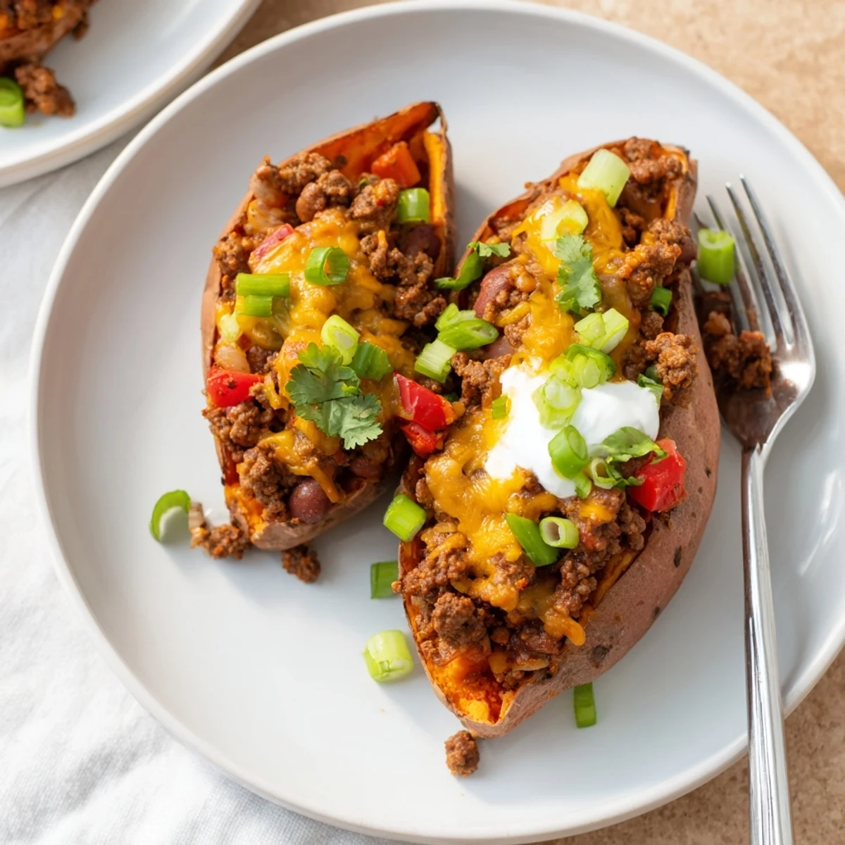 A close-up of a generously filled baked sweet potato with savory chili, ready to eat.