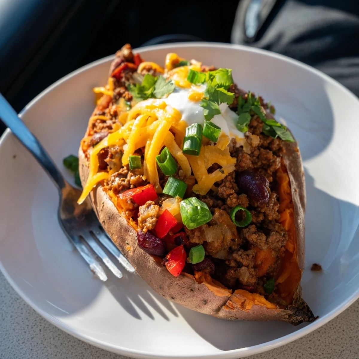 Hearty baked sweet potato stuffed with chili, a warm and comforting American dinner.