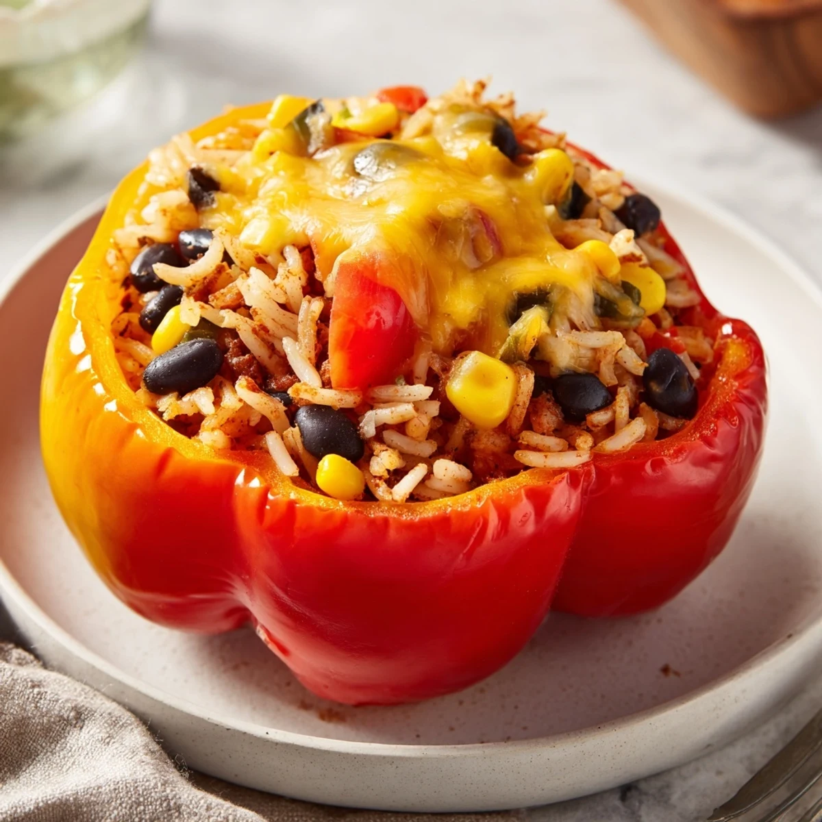 A close-up of baked stuffed bell peppers, colorful and steaming, perfect for a hearty and healthy dinner.
