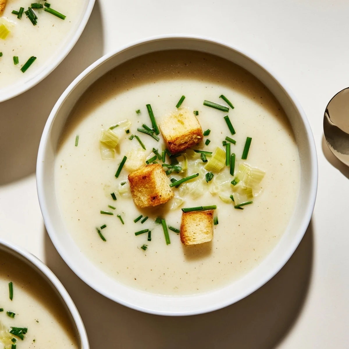 Steaming bowl of creamy potato leek soup, garnished with fresh chives, ready to enjoy.