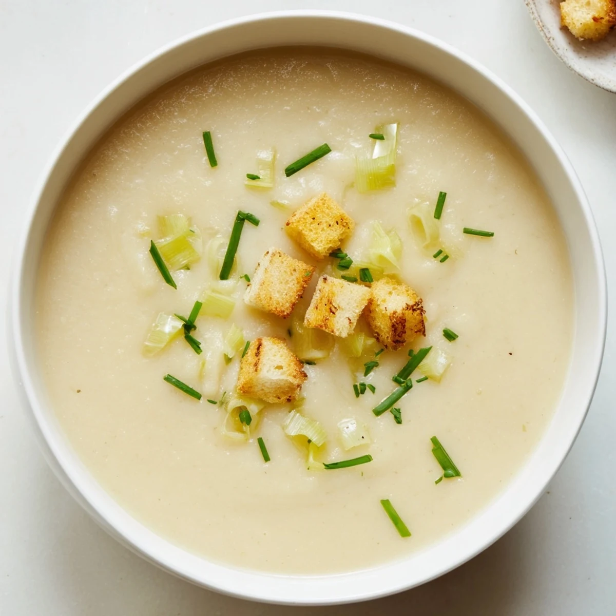 Thick, inviting potato leek soup, a smooth and comforting vegetarian dinner option.