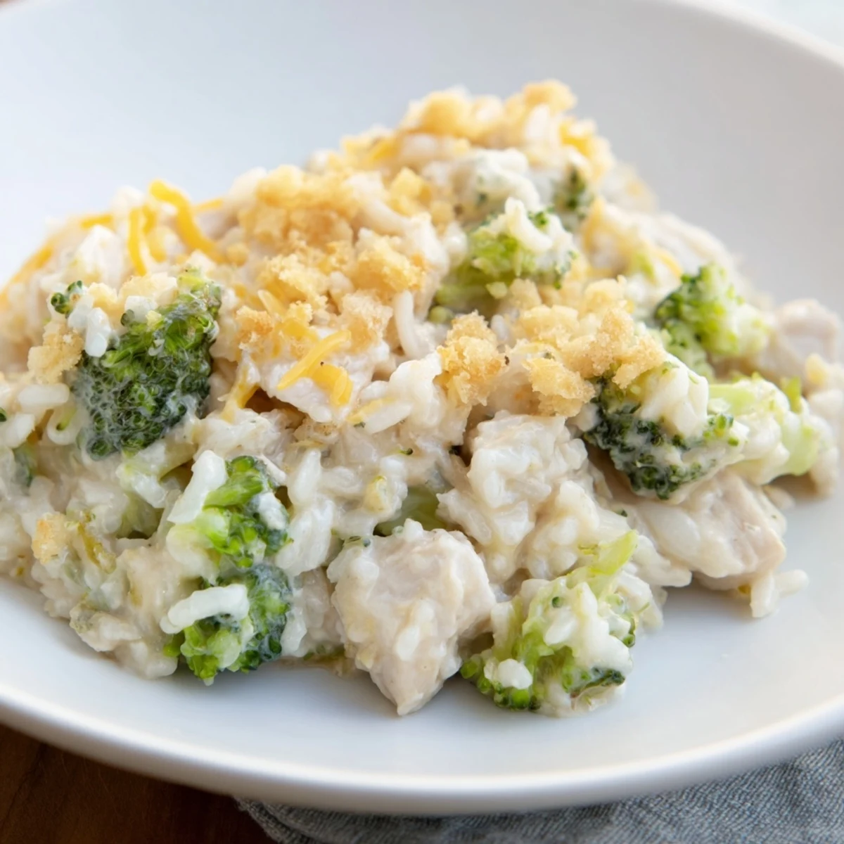 A warm, creamy Chicken & Broccoli Rice Casserole, with cheesy topping, perfect for family dinner.