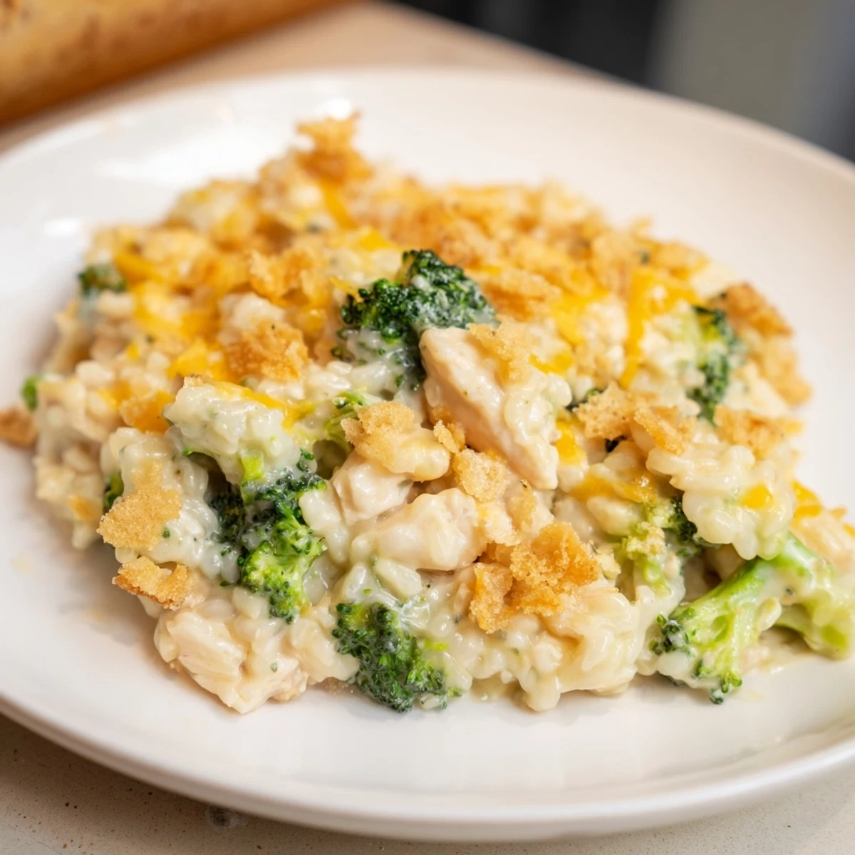 Looking at a baked dish of Chicken & Broccoli Rice Casserole, with golden breadcrumbs and cheese.