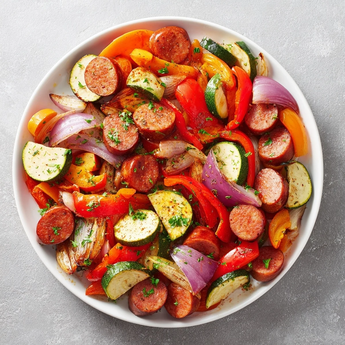 Golden-brown sheet-pan roasted veggies & sausage, a flavorful and easy weeknight dinner idea.