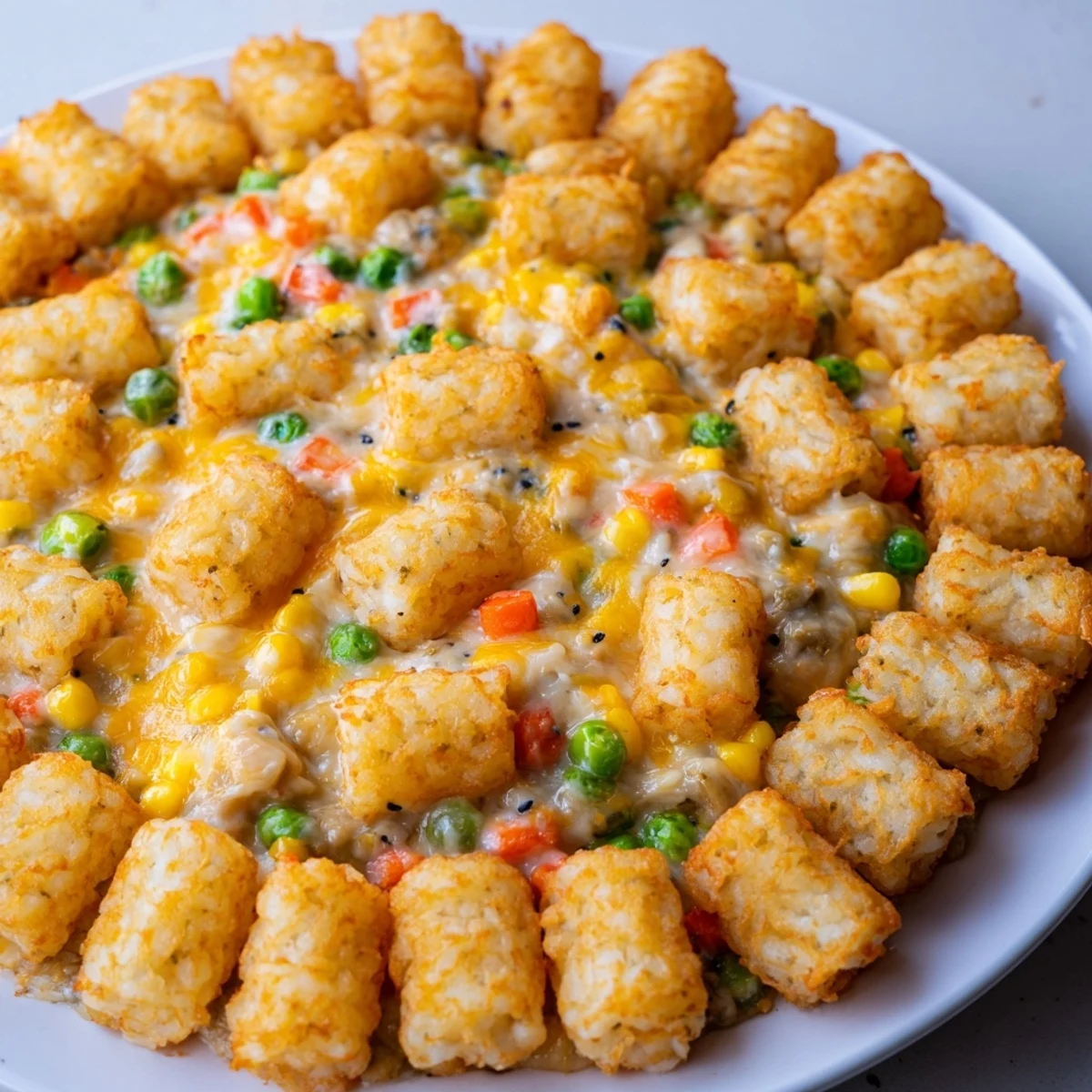 A comforting baked dish of Tater Tot Chicken Pot Pie, with bubbly filling beneath crispy tater tots.