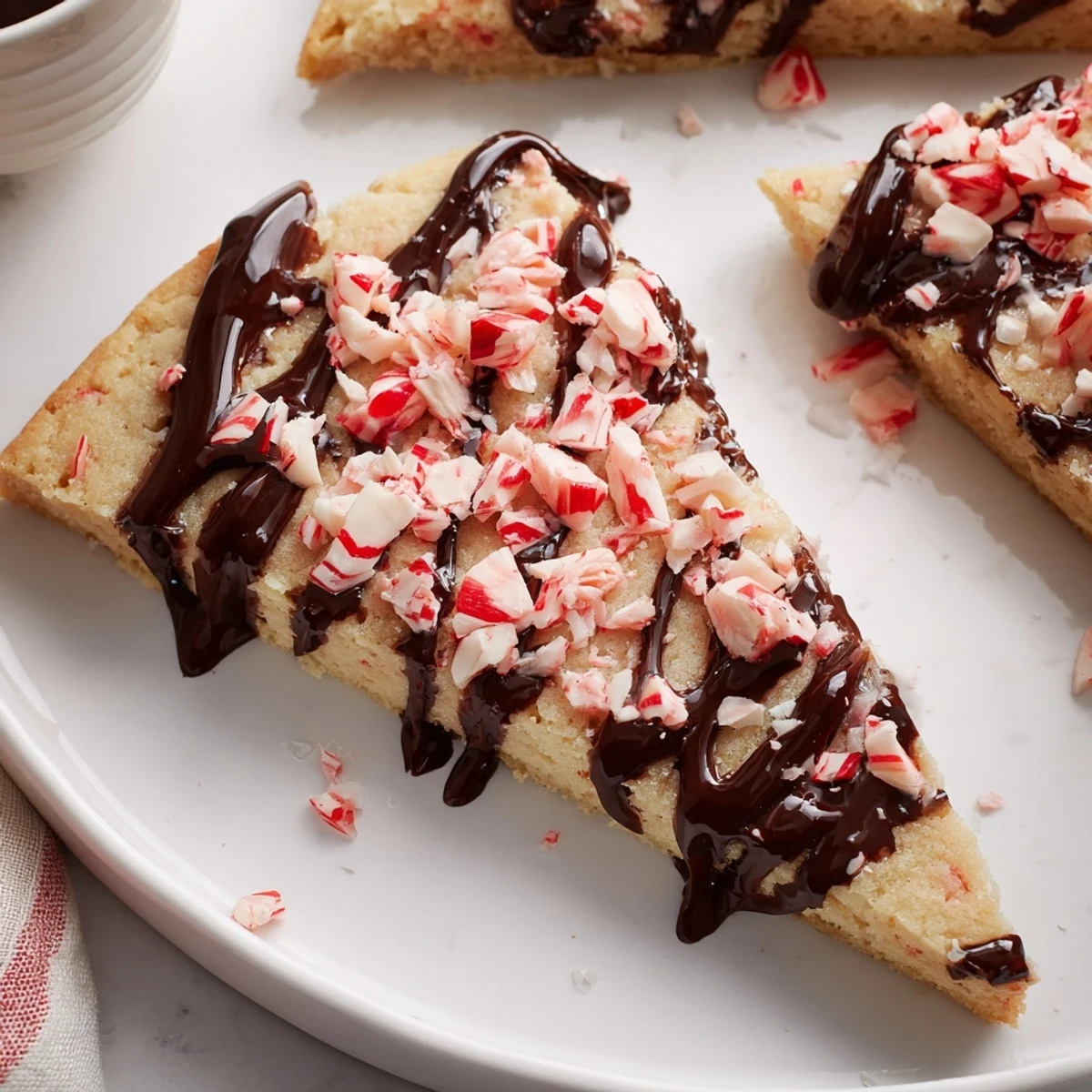Freshly baked Chocolate Peppermint Shortbread Wedges, with a light dusting of peppermint candy and rich chocolate.