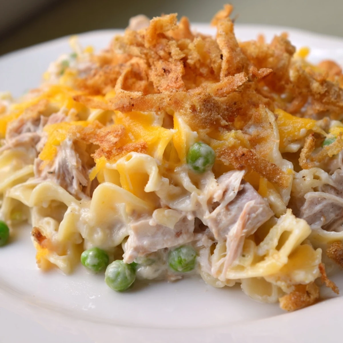 Close-up of a hearty Tuna Noodle Casserole, showcasing the tender noodles and flavorful tuna within.