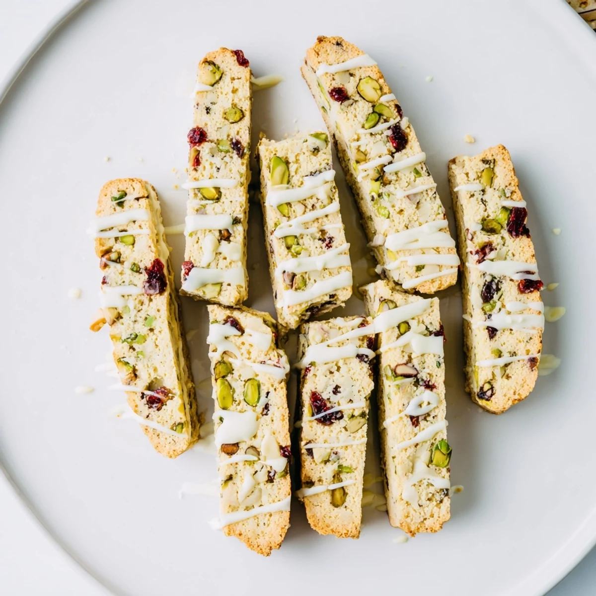 Homemade white chocolate cranberry pistachio biscotti, showcasing a delightful crunch and sweet, inviting aroma.