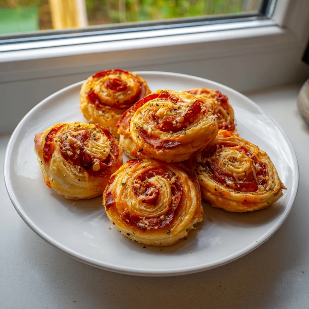 Freshly baked mini pepperoni pizza pinwheels, displaying a delicious, cheesy pizza filling and crispy pastry.