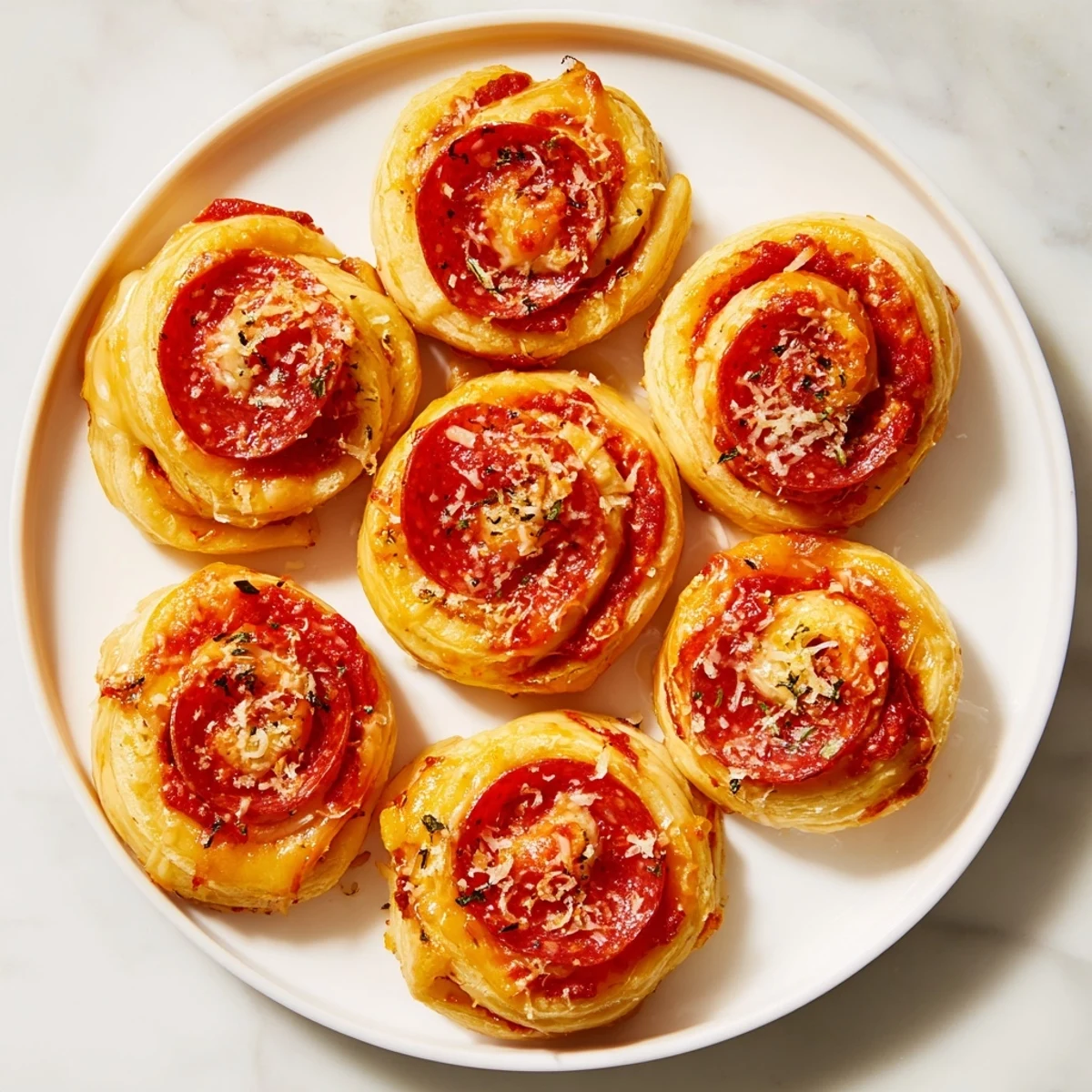 Warm, savory mini pepperoni pizza pinwheels, baked to golden perfection; a perfect party snack.