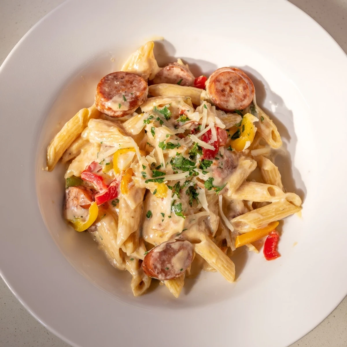 Cajun Spiced Smoked Sausage Alfredo, a creamy bowl of pasta with sausage and parsley garnish.