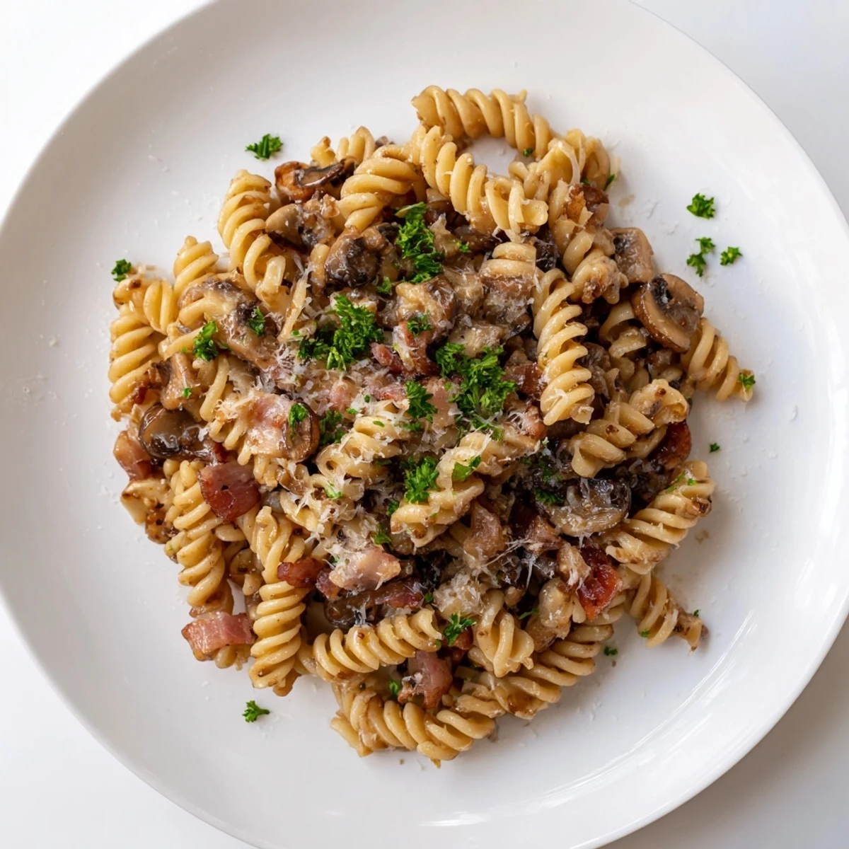 Fusilli with bacon, onions, and mushrooms: a steaming bowl featuring golden pasta and crispy bacon bits.