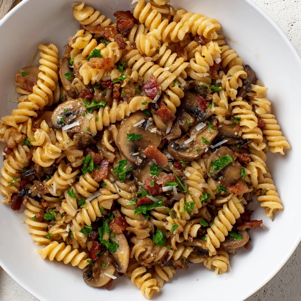 Savor the aroma: This photo shows delectable fusilli with bacon, onions, and mushrooms, ready to enjoy.