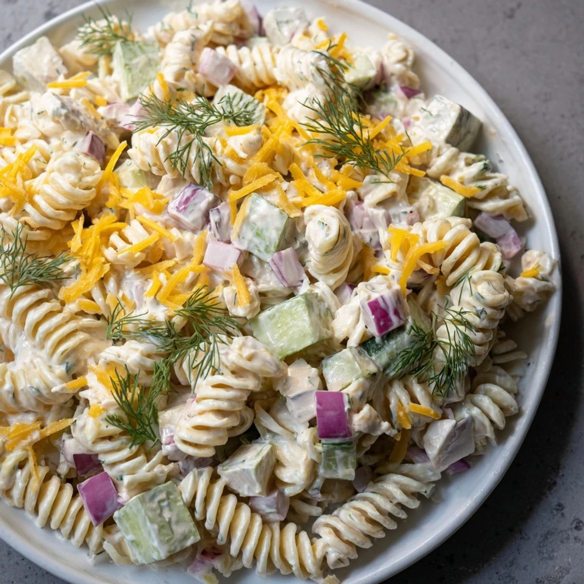 Creamy Dill Pickle Pasta Salad with cheddar cheese, ready to grab for a summer picnic.